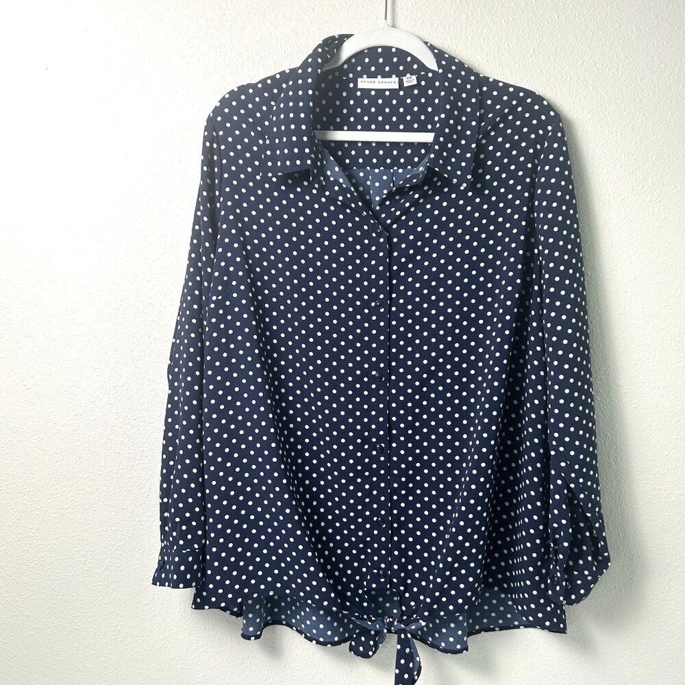Susan Graver Tie Front Top Plus Size 18W Navy Blue Polka Dot Long Sleeve Shirt